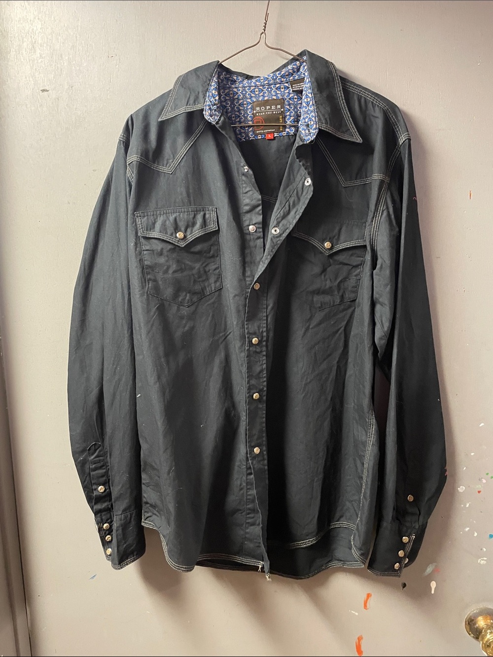 Roper Black Contrast-Stitch Western Shirt Cowboy size L snap front